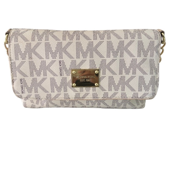 Michael Kors Handbags - Michael Kors Jet Set Logo Flap Crossbody Vanilla MK Canvas Gold-Tone Chain Strap
